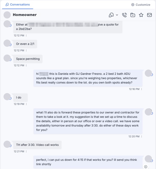 A text thread where a homeowner asks about a two bedroom ADU on two properties and a video call is booked