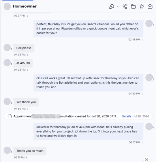 A text thread where a homeowner picks Thursday at 4:30 and the appointment is created in the conversation