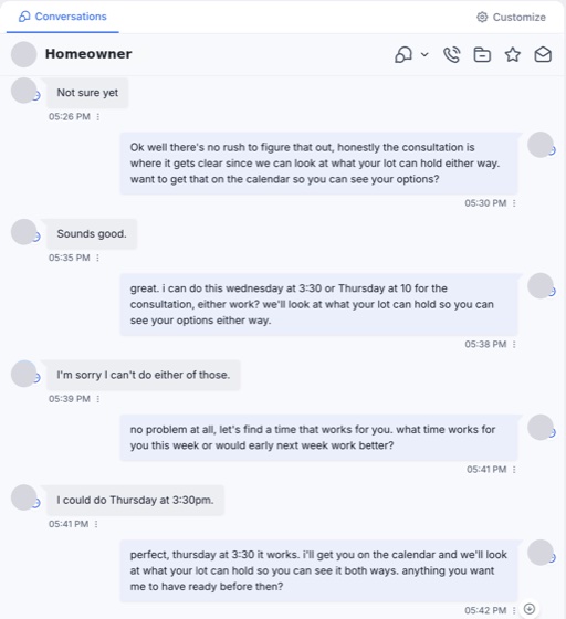 A text thread where a homeowner cannot make either offered time and books Thursday at 3:30